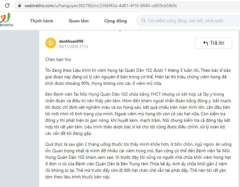 Tin nhắn review của bệnh nhân viêm họng trong quá trình dùng thuốc tại Bệnh viện Tai Mũi Họng Quân Dân 102 