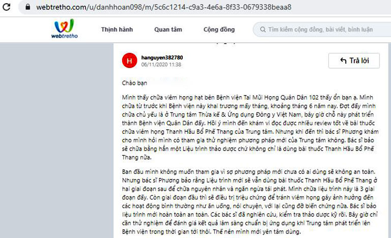Tin nhắn review về hành trình điều trị viêm họng tại Bệnh viện Tai Mũi Họng Quân Dân 102